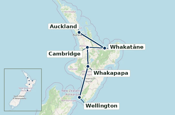 New Zealand with Auckland, Whakatāne, Cambridge, Whakapapa and Wellington